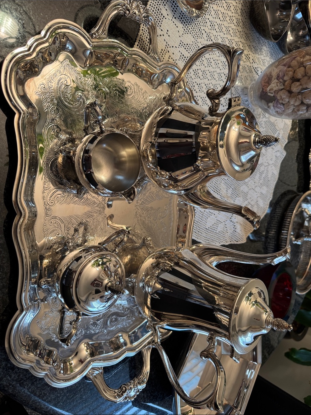 Polished Silver Tea Set with Ornate Tray - Mirror Finish